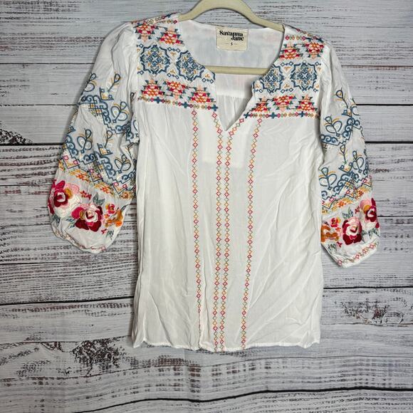 Sanvanna Jane White Embroidered V-Neck Tunic - Small - Picture 1 of 4